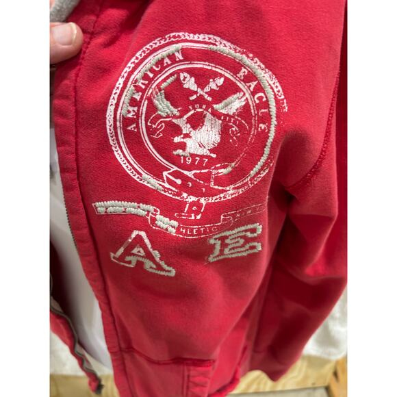 American Eagle Outfitters Red Full Zip Hoodie XS Embroidered Crest Logo AE 1977 - Picture 2 of 9